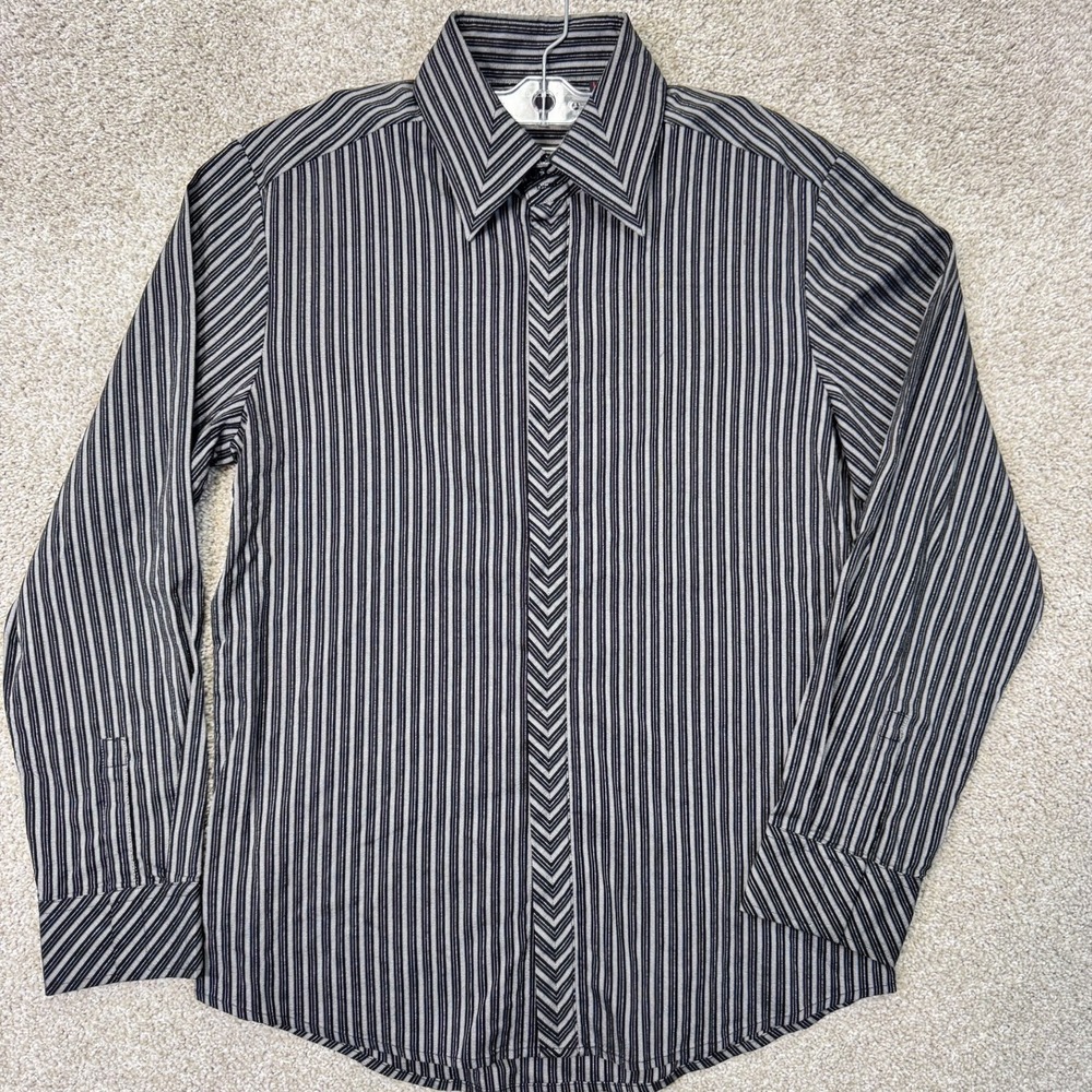 7 Diamonds Shirt Mens Large Black Grey Striped Button-down EUC